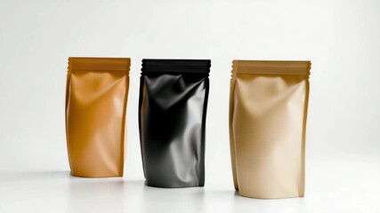 Three stand-up pouches in different colors: orange, black, and beige. The pouches are empty and have a matte finish, placed on a white background. - Powered by Adobe