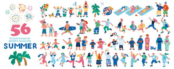 夏を楽しむ人々のフラットな手描きのイラストセット
