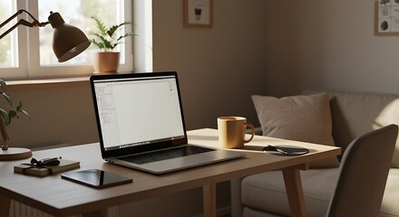 Modern Home Office Setup Laptop, Desk, Cozy Atmosphere, Remote Work, Productivity