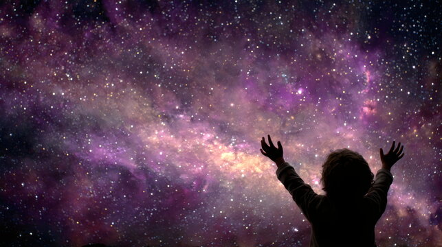 Silhouette of a child reaching for stars in a cosmic night sky filled with vibrant colors and deep space wonders, , symbolizing dream and hope