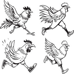 Collection of four running and flapping roosters, perfect for dynamic farm logos, merchandise, and brand mascots.