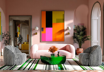 A vibrant, modern living room in pastel tones, with bold designer furniture, colorful geometric art, and tropical touches. An energetic space for the Brazilian home.