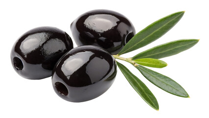 Three shiny black olives with a sprig of green leaves isolated on transparent background, showcasing a healthy snack