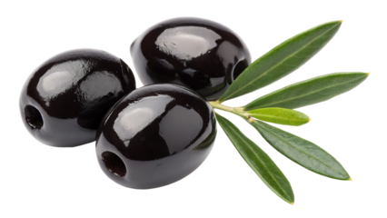Three shiny black olives with a sprig of green leaves isolated on transparent background, showcasing a healthy snack