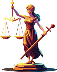 A collection of stylized illustration symbolizing justice, featuring the Lady Justice statue, scales, and gavel with a powerful and symbolic aesthetic