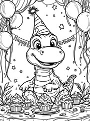 Dinosaur Birthday Party Coloring Page Vector Illustration