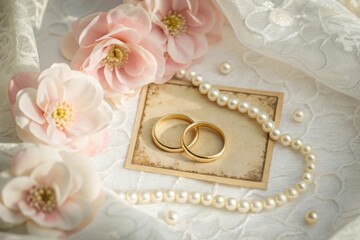 Elegant wedding rings with delicate pink flowers and pearls on lace