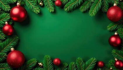 Elegant Christmas ornaments frame, copy space, green backdrop , glitter, festive, copy space