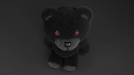 Sitting black Teddy Bear fluffy toy. Depression or sadness concept. 3D rendered banner.