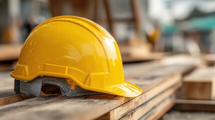 Stunning photo of close-up of a yellow hard hat resting on wooden planks, symbolizing safety and construction in a bright, professional environment.