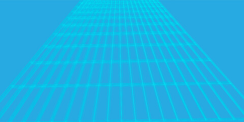 Naklejka premium Futuristic blue perspective grid background with neon lines and vanishing point effect.