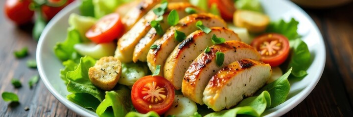 Grilled chicken Caesar salad, tomatoes, cheese, croutons Top view , fresh, romaine lettuce