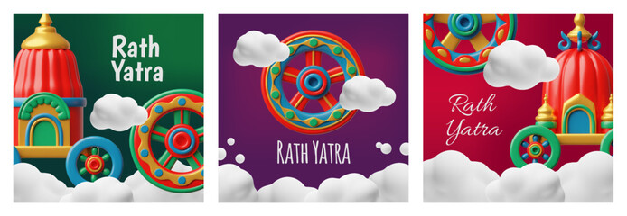 Naklejka premium 3D vector set of Rath Yatra celebration cards in India.