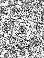 Detailed Floral Coloring Page Roses and Daisies Black and White Line Art