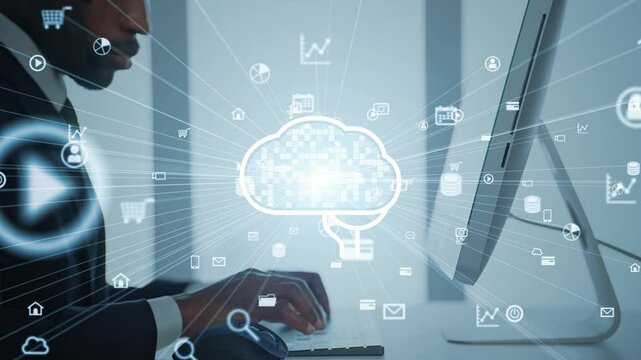 パソコンで作業する外国人男性とAI・人工知能のコンセプト