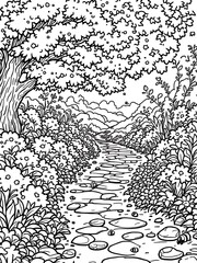 Nature Scene Black and White Illustration Stone Path Trees