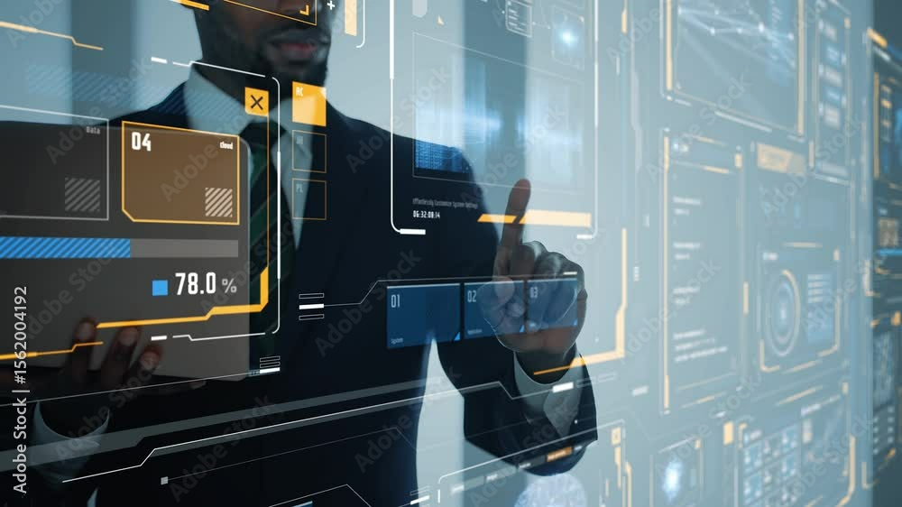Poster black man operating a hologram screen gui
