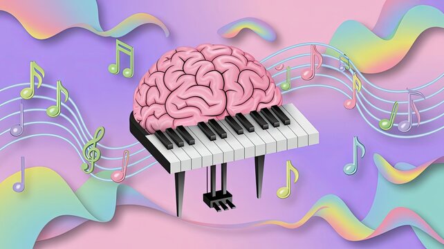 Brain-shaped piano with musical notes and colorful abstract background  