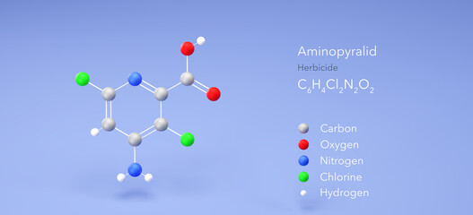 aminopyralid molecule, molecular structure, herbicide 3d model, Structural Chemical Formula and Atoms with Color Coding
