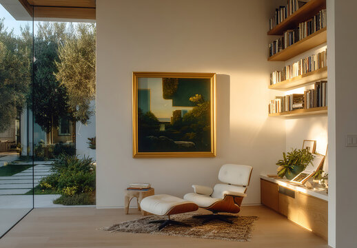 Elegant and minimalist home office with artwork, designer furniture, and garden views. Perfect for productivity and well-being in a peaceful environment.