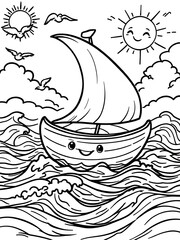 Sailing Boat on the Sea Cartoon Line Art for Coloring Pages and Kids