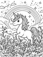 Unicorn with Rainbow Stars and Flowers Coloring Page Illustration