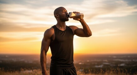 Muscular man in athletic clothing drinking protein shake outdoors during sunset, showing strength and hydration after exercise, with scenic sky background