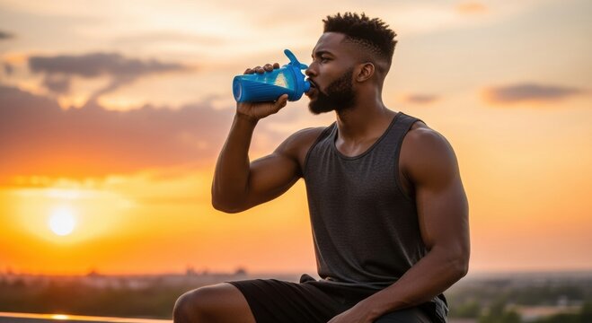 Young man drinking water during sunset after workout outdoor fitness athletic man hydrating muscular male sports activity healthy lifestyle exercise routine summer evening active lifestyle fitness