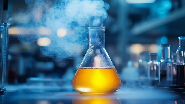 Laboratory glass flask with yellow liquid and steam in science lab  