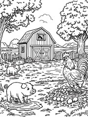 Farm Animals Pig Rooster Barn Black and White Vector Illustration