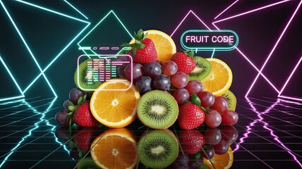 Colorful assortment of fruits arranged with neon geometric shapes