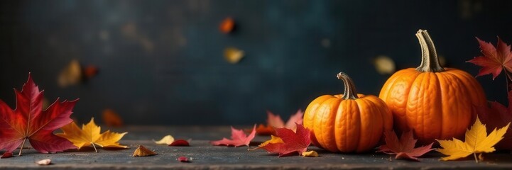 Autumn pumpkins & vibrant fall leaves, dark backdrop, element, harvest