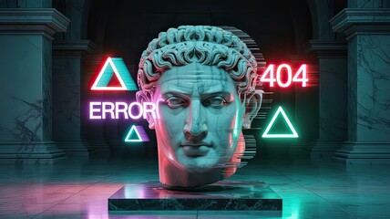 Digital glitch art with classical statue and error 404 display  