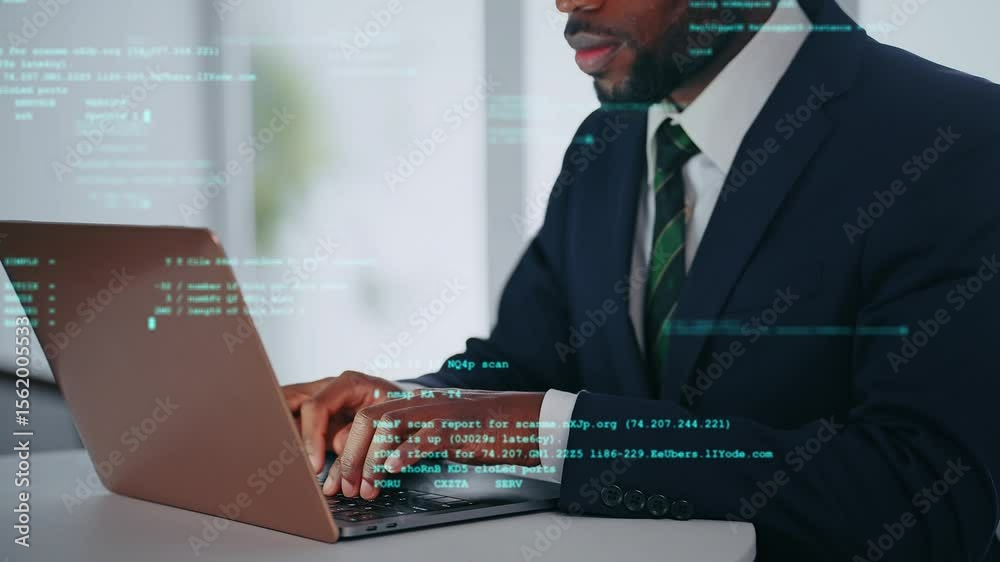 Poster Black man working on a computer and coding data concept