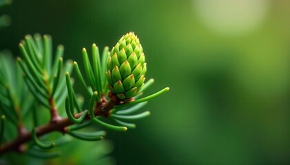 Young green cone on a European Black Pine branch , woodland, high resolution
