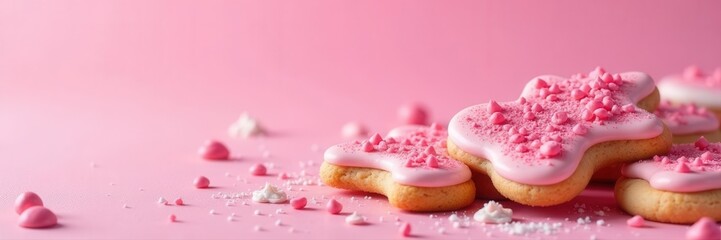 Close-up, vibrant pink iced Christmas cookies, pink backdrop, festive, holidayfood, christmasbaking