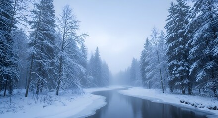 Serene winter scene featuring snow laden trees lining a calm river in a misty forest landscape