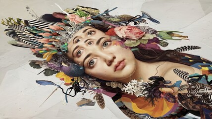 Artistic portrait of woman with floral headdress and multiple eyes  