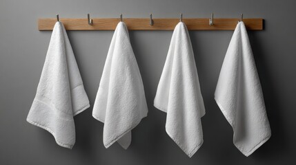 Stunning photo of four white towels hanging on hooks against a grey wall, creating a clean and minimalist look in a bathroom or spa setting.