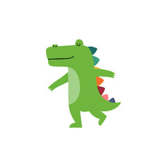 A cartoonish, friendly-looking crocodile with a colorful, spiky dinosaur-like tail