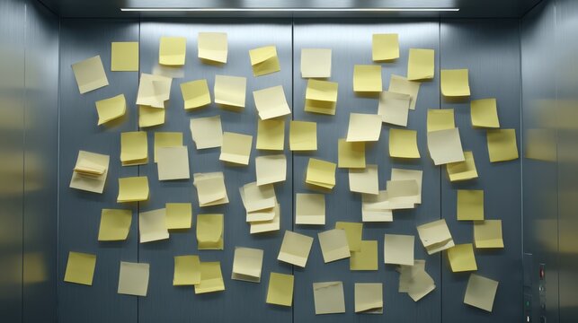 Stunning photo of collection of yellow sticky notes hanging on a metallic elevator wall, suggesting organization and communication in a modern workspace.
