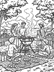 Family Barbecue Picnic Illustration Black and White Outdoor Gathering