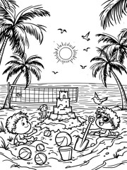 Cartoon Beach Scene Black and White Kids Sandcastle Palm Trees Sun
