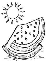 Watermelon Slice and Sun Hand Drawn Line Art Illustration