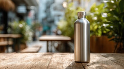 Stunning photo of aluminum bottle water placed on a wooden table in a restaurant or shop, Concept: Reduce plastic waste to recycle reusable and ecology nature, stainless glossy.