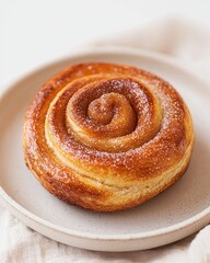 Fototapeta premium Cinnamon roll on ceramic plate, minimal sugar swirl bun with golden crust in soft light, perfect cinnamon roll image for cozy bakery branding, lifestyle blog, and food editorial design