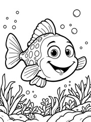 Cute Cartoon Fish Outline Underwater Coloring Page Black and White