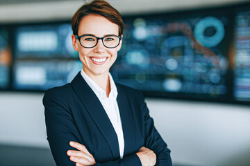 A confident professional woman wearing glasses and a suit smiles with arms crossed, standing in front of a blurred high-tech digital interface.