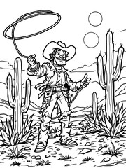 Cartoon Cowboy with Lasso Outline Vector Illustration Coloring Page