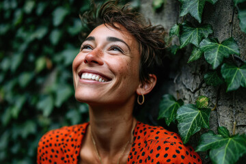 young woman laughing against ivy wall